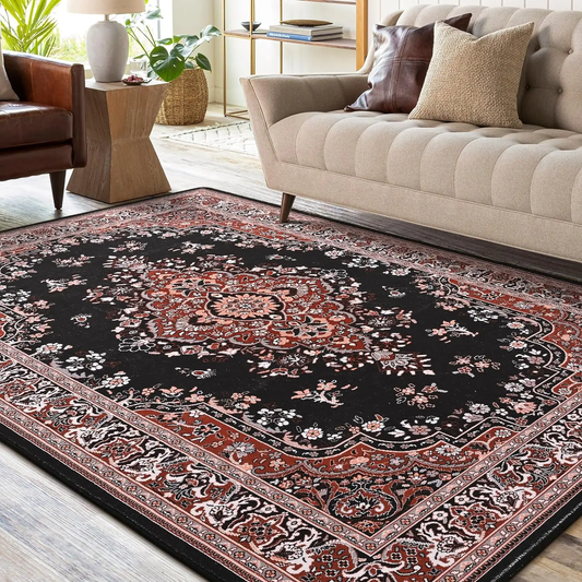 Washable Rugs for Living Room Non Slip Vintage Rug Faux Wool Floral Rug for Bedroom Dining Room Carpet Rug for Room Decor