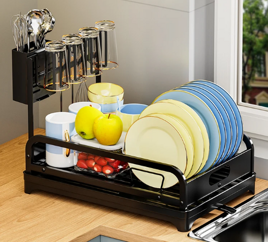 Dish drying rack Kitchen Bowl dishe knive fork cup storage shelf with drained board multifuctional organizer Black