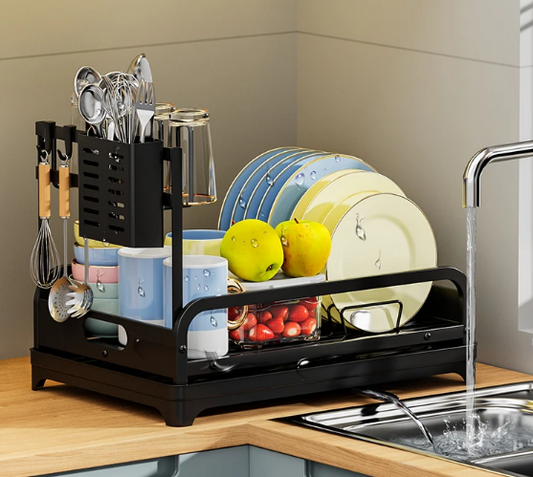 Dish drying rack Kitchen Bowl dishe knive fork cup storage shelf with drained board multifuctional organizer Black