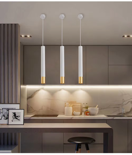 LED Pendant Lamp Long Tube Brushed Finish with Round Chassis Indoor Kitchen Island Bar Black White Gold Hanging Light
