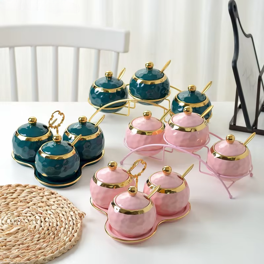 Nordic Ceramics Spice Jar Three-piece Set Pink Green Seasoning Box Set with Tray Metal Rack Home Use Spice Container Combination