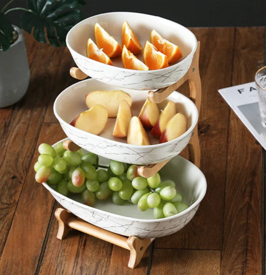 Ceramic Serving Plates With Wooden Rack Elegant Serveware Premium Fruit Tray