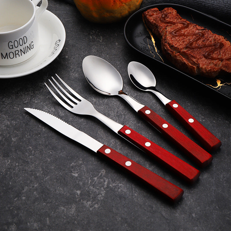 Cutlery Set with Wooden Red Handle Flatware Set