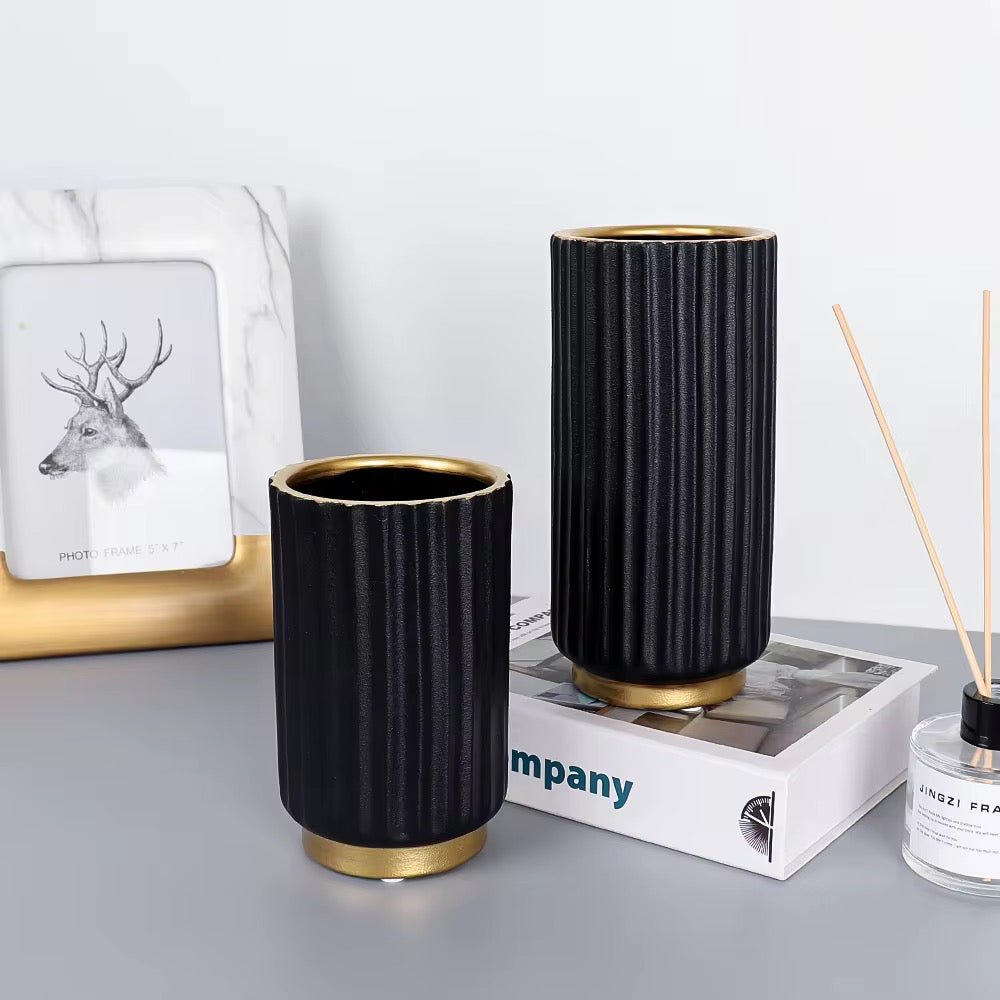 Black Matte Vases with Gold Accent