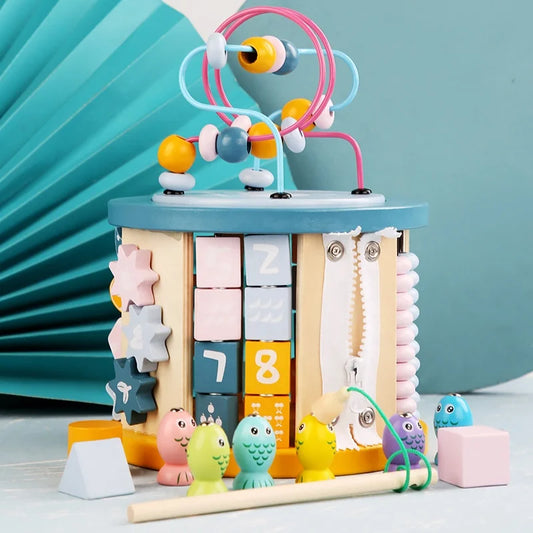 Children Wooden Educational Toys Multi-functional Beads Roaster Shape Sorter Magnetic Fishing Treasure Box Kids Wooden Busy Box