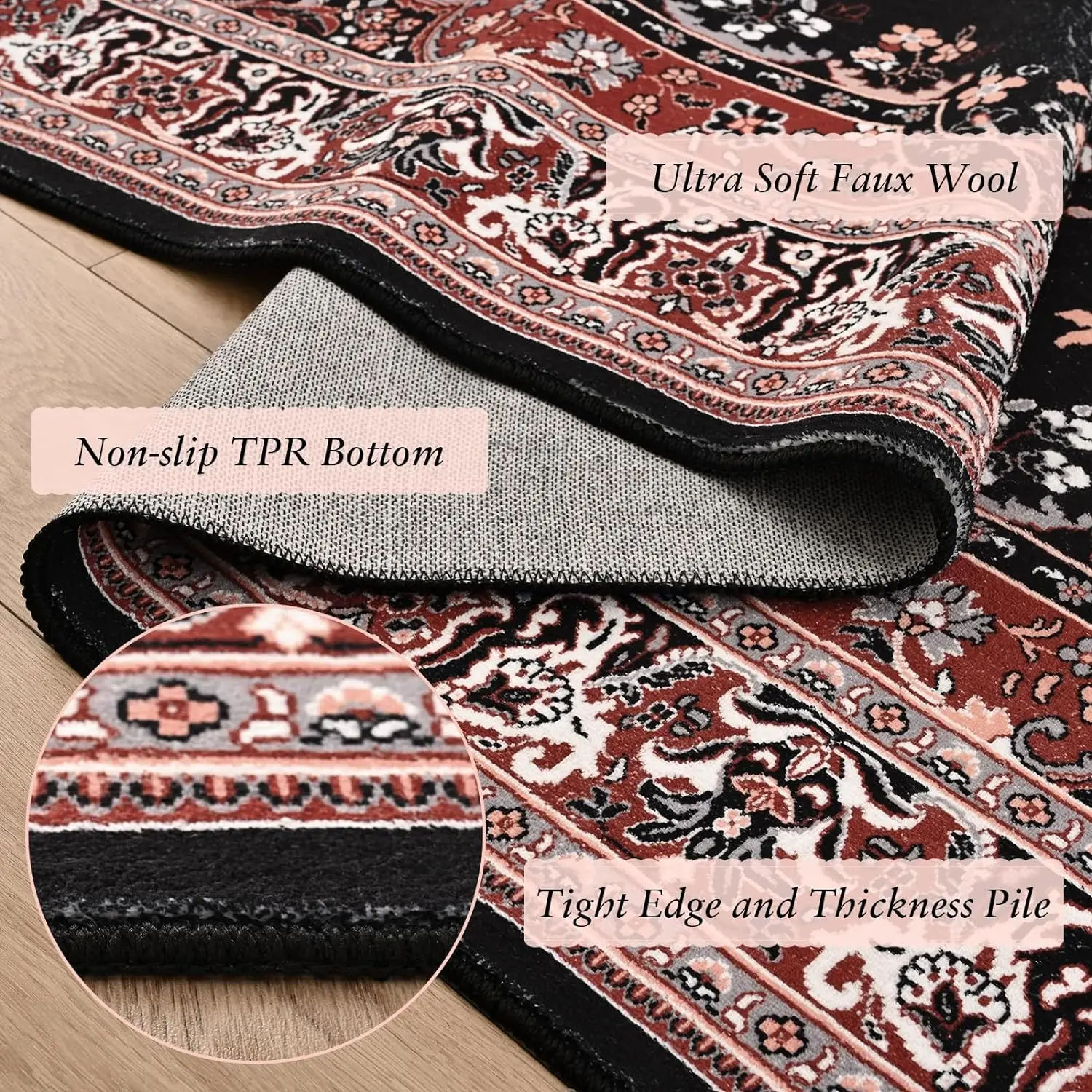 Washable Rugs for Living Room Non Slip Vintage Rug Faux Wool Floral Rug for Bedroom Dining Room Carpet Rug for Room Decor