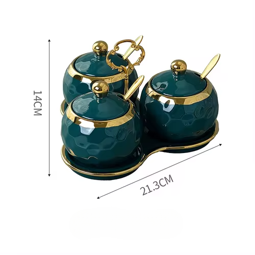 Nordic Ceramics Spice Jar Three-piece Set Pink Green Seasoning Box Set with Tray Metal Rack Home Use Spice Container Combination