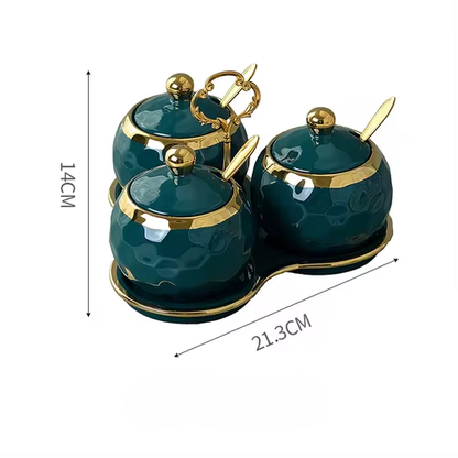 Nordic Ceramics Spice Jar Three-piece Set Pink Green Seasoning Box Set with Tray Metal Rack Home Use Spice Container Combination