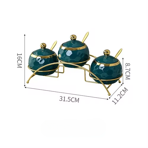 Nordic Ceramics Spice Jar Three-piece Set Pink Green Seasoning Box Set with Tray Metal Rack Home Use Spice Container Combination