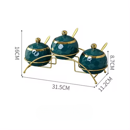 Nordic Ceramics Spice Jar Three-piece Set Pink Green Seasoning Box Set with Tray Metal Rack Home Use Spice Container Combination