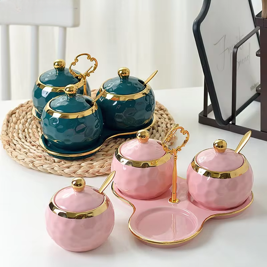 Nordic Ceramics Spice Jar Three-piece Set Pink Green Seasoning Box Set with Tray Metal Rack Home Use Spice Container Combination