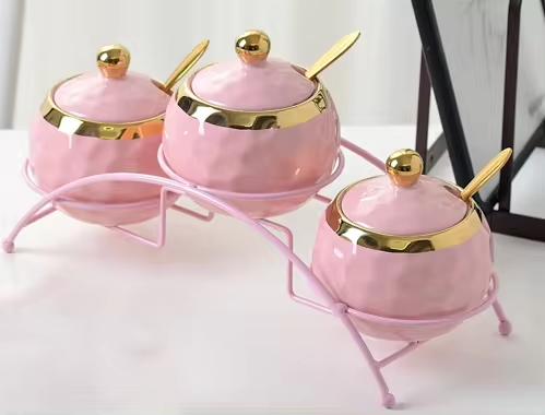 Nordic Ceramics Spice Jar Three-piece Set Pink Green Seasoning Box Set with Tray Metal Rack Home Use Spice Container Combination
