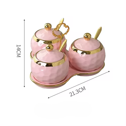 Nordic Ceramics Spice Jar Three-piece Set Pink Green Seasoning Box Set with Tray Metal Rack Home Use Spice Container Combination