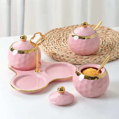 Nordic Ceramics Spice Jar Three-piece Set Pink Green Seasoning Box Set with Tray Metal Rack Home Use Spice Container Combination