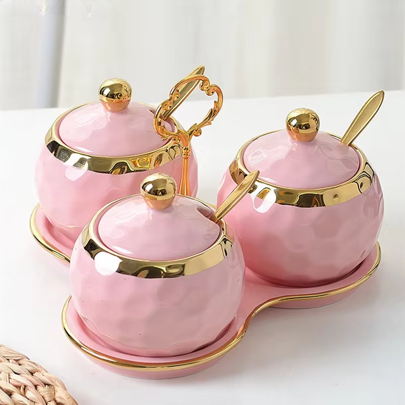 Nordic Ceramics Spice Jar Three-piece Set Pink Green Seasoning Box Set with Tray Metal Rack Home Use Spice Container Combination
