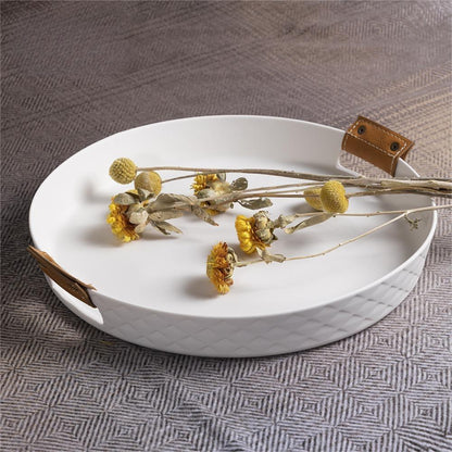 White Decorative Tray with Leather Handle Elegant