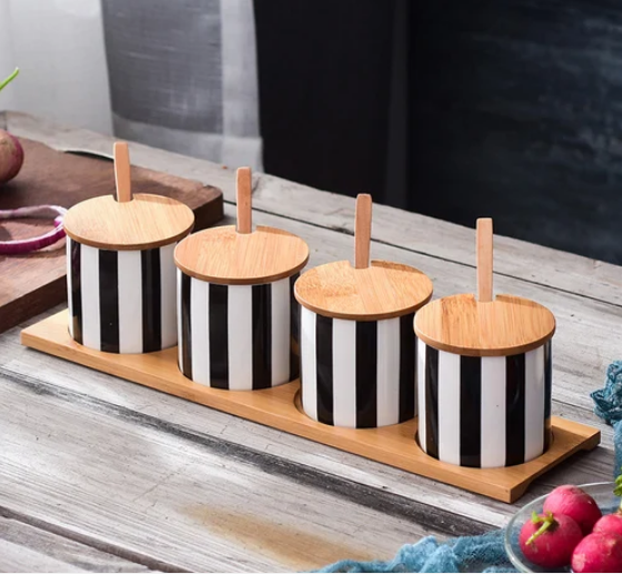 Nova Kitchen Canisters & Vinegar Dispensers with Wooden Tray