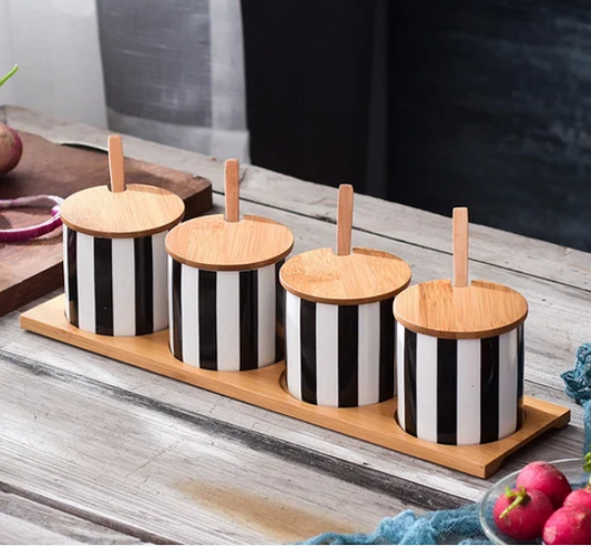 Nova Kitchen Canisters & Vinegar Dispensers with Wooden Tray