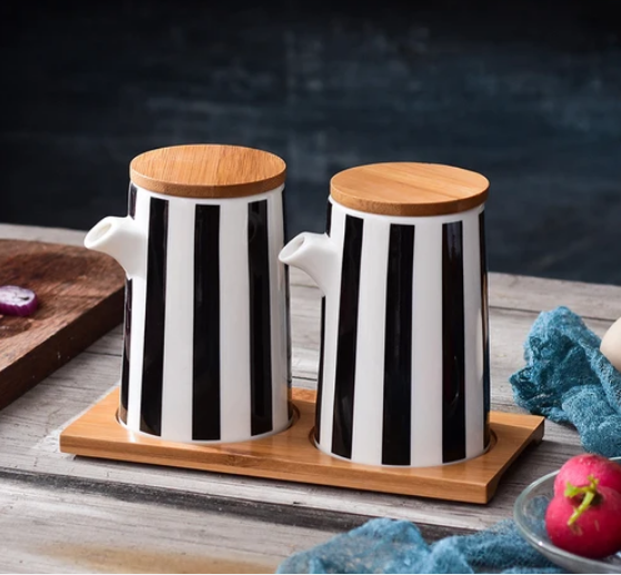 Nova Kitchen Canisters & Vinegar Dispensers with Wooden Tray