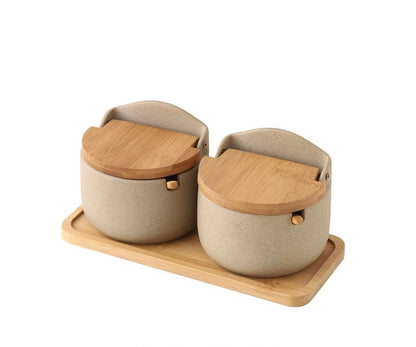 Japanese-style Ceramic Box With Lid Three-piece Set Seasoning Storage Household Salt And Sugar Spice Jars Spice Canisters Ceramic Canisters with Tray