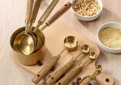4/8Pcs Wooden Handle Stainless Steel Measuring Cups Spoons Baking Tools Coffee Measuring Spoon Set Bartending Scale Accessories