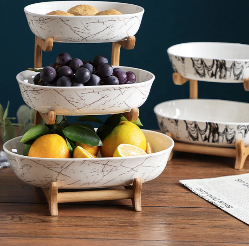 Ceramic Serving Plates With Wooden Rack Elegant Serveware Premium Fruit Tray