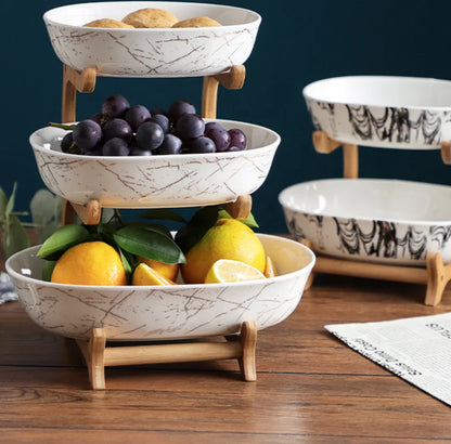 Ceramic Serving Plates With Wooden Rack Elegant Serveware Premium Fruit Tray