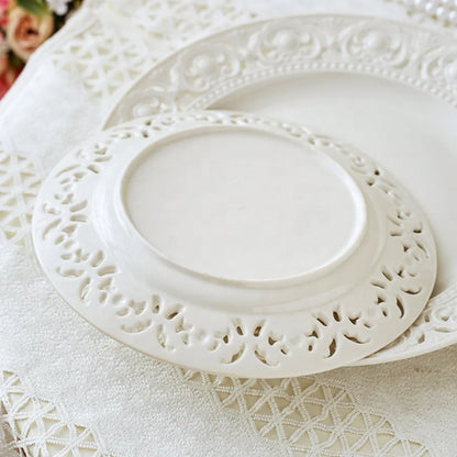 Vintage French Embossed Openwork Cake Ceramic Plate Girly Heart Breakfast Plate Salad Steak Plate