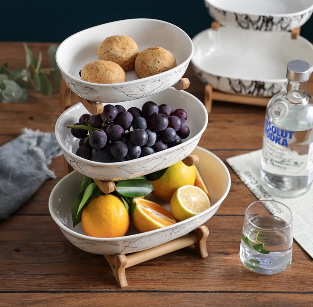 Ceramic Serving Plates With Wooden Rack Elegant Serveware Premium Fruit Tray