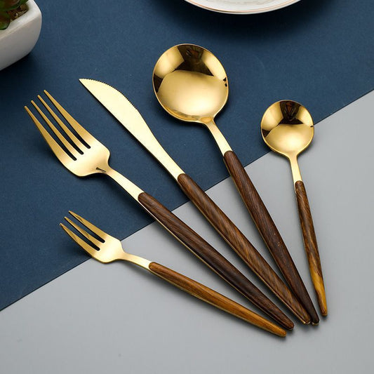 Stainless Steel Cutlery Wooden Handle Gold Mirror Polished
