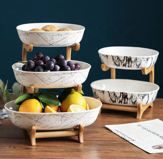 Ceramic Serving Plates With Wooden Rack Elegant Serveware Premium Fruit Tray