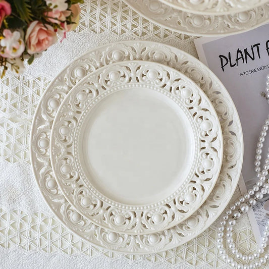 Vintage French Embossed Openwork Cake Ceramic Plate Girly Heart Breakfast Plate Salad Steak Plate