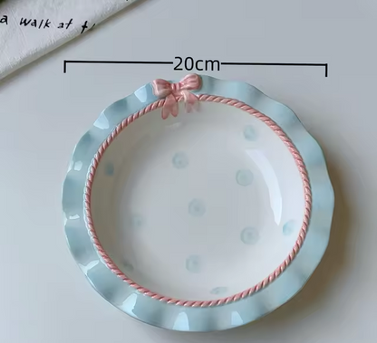 Korean Style Girl Heart Pink Ceramic Tableware Set Polka Dot Bow Cute Small Bowl Rice Bowl Deep Plates Cute Plates