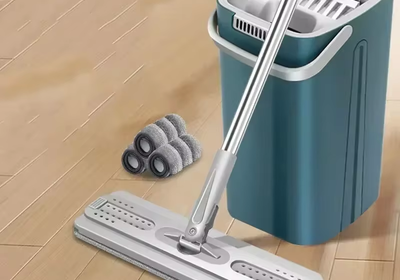 Flat Floor Mop and Bucket Set, Kitchen Cleaning Tool, Microfiber, Wringable, Magic, Scalable, No Mark