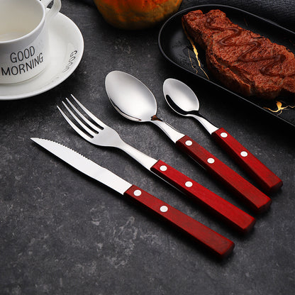 Cutlery Set with Wooden Red Handle Flatware Set