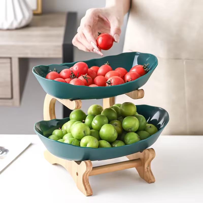 Three Layer Table Plates Dinnerware Wooden Kitchen Fruit Bowl with Floors Partitioned Dish Snack Candy Cake Stand Salad Bowl