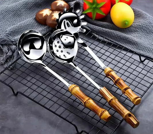 304 Stainless Steel Colander Metal Spoon Noodle Spoon Colander Practical Pasta Tool Soup Scoop Bamboo Handle Kitchen Accessories