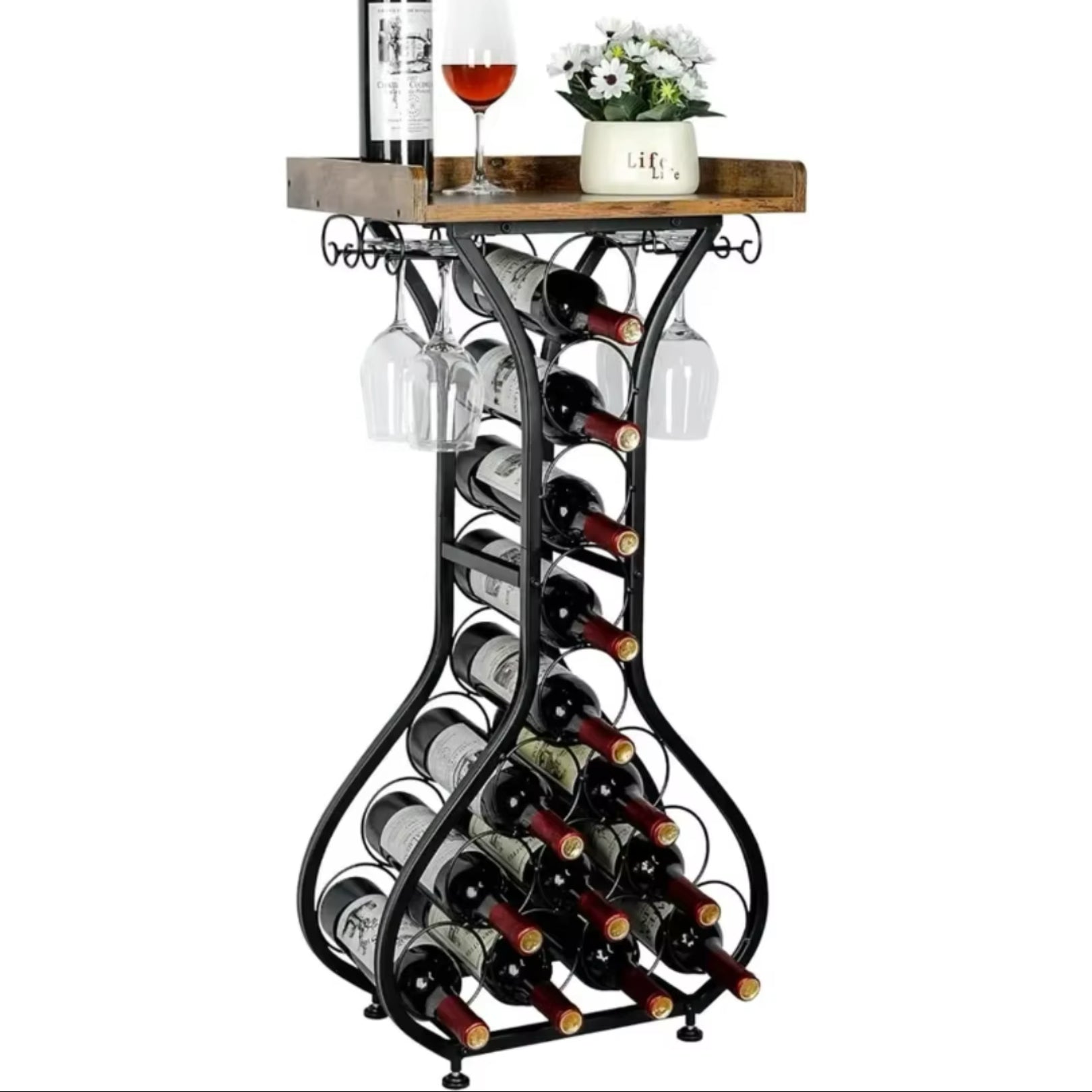 Wine Rack Freestanding Floor, Mini Bar Table Wine Holder Stand Liquor Cabinet with Glass Holder Wood Tabletop 14 Bottles Floor