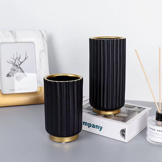 Black Matte Vases with Gold Accent