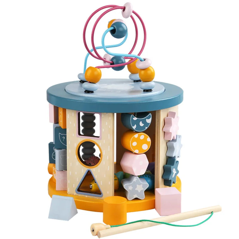 Children Wooden Educational Toys Multi-functional Beads Roaster Shape Sorter Magnetic Fishing Treasure Box Kids Wooden Busy Box