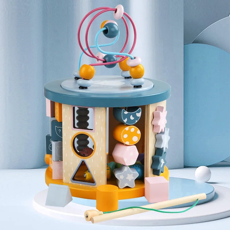 Children Wooden Educational Toys Multi-functional Beads Roaster Shape Sorter Magnetic Fishing Treasure Box Kids Wooden Busy Box