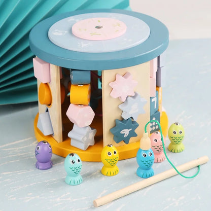 Children Wooden Educational Toys Multi-functional Beads Roaster Shape Sorter Magnetic Fishing Treasure Box Kids Wooden Busy Box