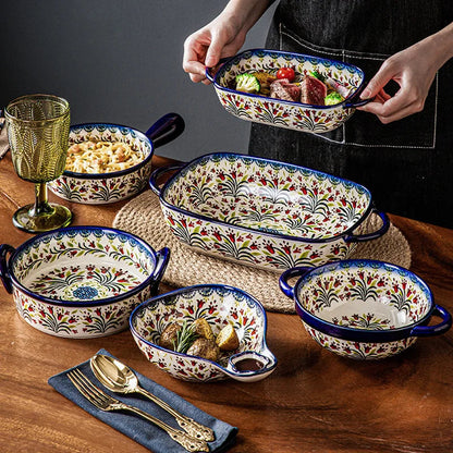 Ceramic Bowl Dish Binaural Baking Pan Soup Bowl Single Bowl with Handle Household Tableware Decoration Salad Bowl Kitchenware