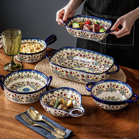 Ceramic Bowl Dish Binaural Baking Pan Soup Bowl Single Bowl with Handle Household Tableware Decoration Salad Bowl Kitchenware