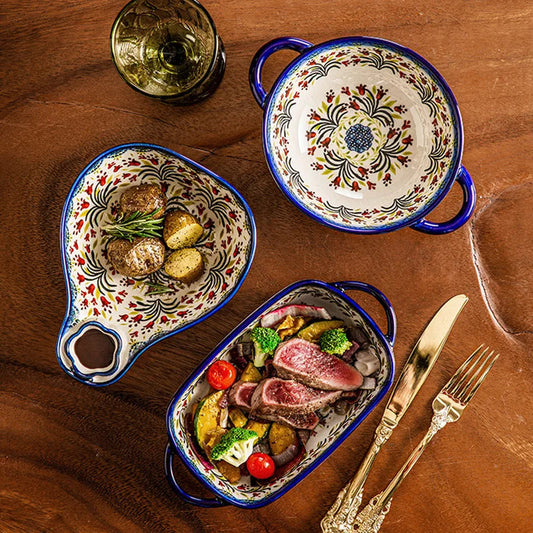 Ceramic Bowl Dish Binaural Baking Pan Soup Bowl Single Bowl with Handle Household Tableware Decoration Salad Bowl Kitchenware