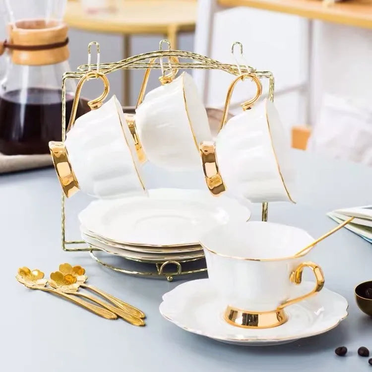 Elegant Tea Set with Gold Rim Luxury Coffee Cup and Saucer Set